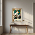 King of Geese – Emerald Baize art print, in an oak frame, styled in a desk