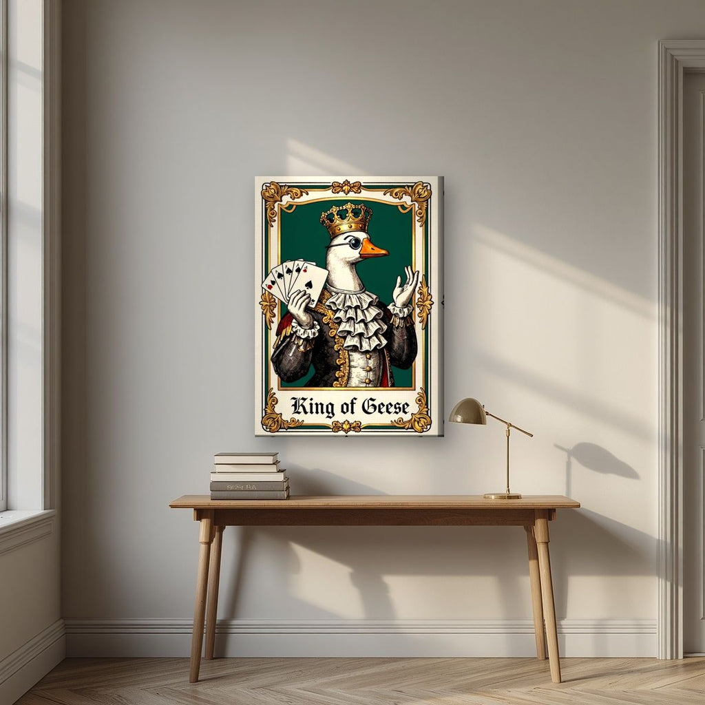 King of Geese – Emerald Baize art print, on slim canvas, styled in a desk