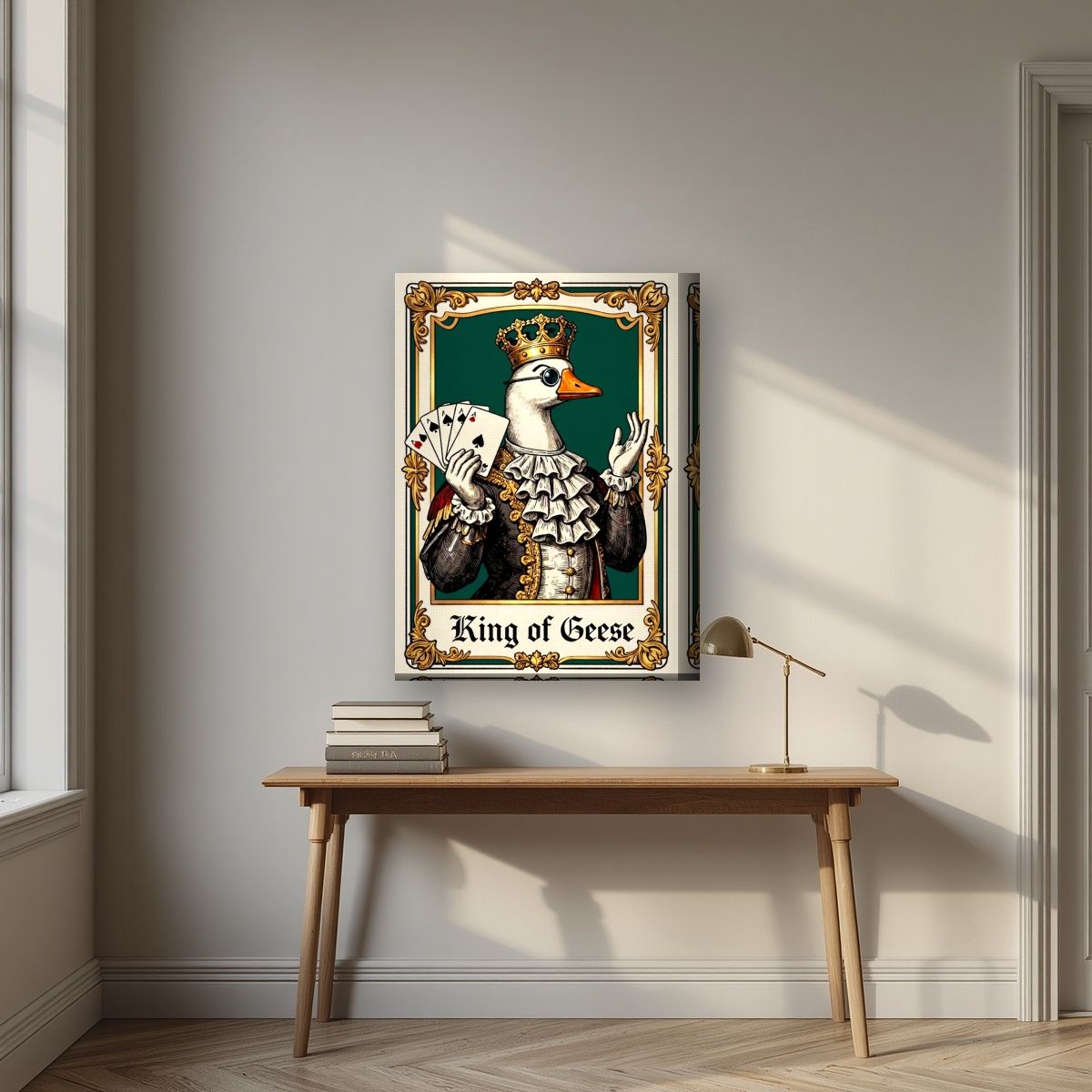 King of Geese – Emerald Baize art print, on thick canvas, styled in a desk