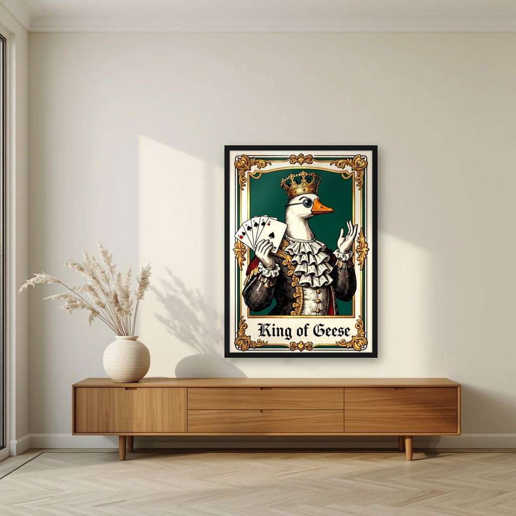 King of Geese – Emerald Baize art print, in a black frame, styled in a living room