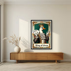 King of Geese – Emerald Baize art print, in a black frame, styled in a living room