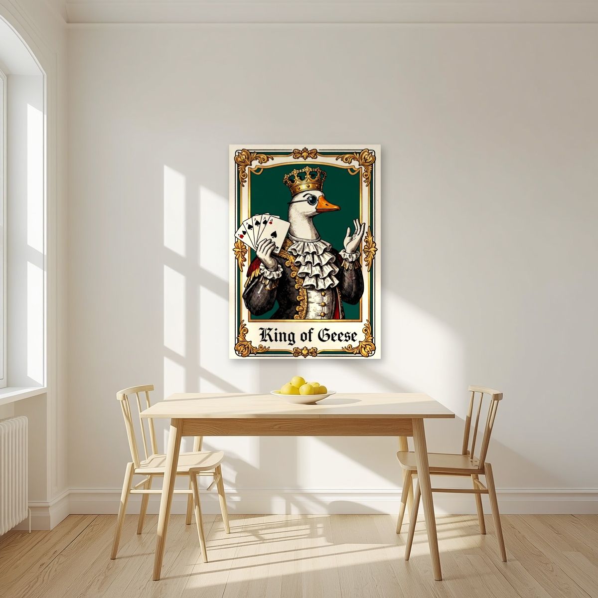 King of Geese – Emerald Baize art print, unframed poster, styled in a kitchen