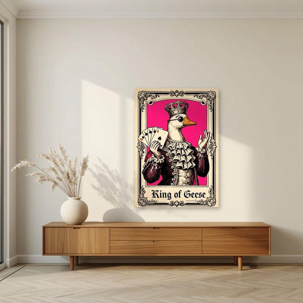 King of Geese – Jester Pink art print, unframed poster, styled in a living room