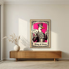 King of Geese – Jester Pink art print, in an oak frame, styled in a living room