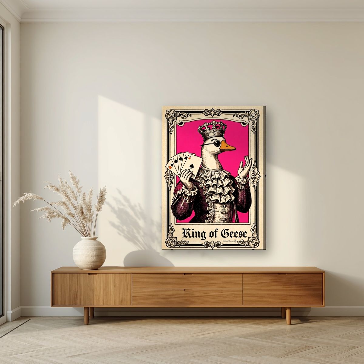 King of Geese – Jester Pink art print, on slim canvas, styled in a living room