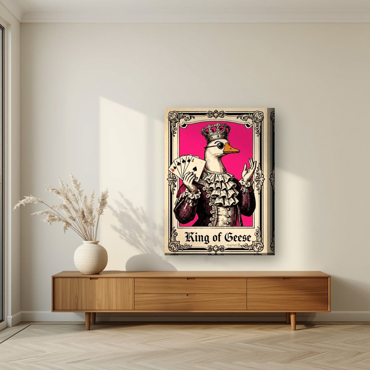 King of Geese – Jester Pink art print, on thick canvas, styled in a living room