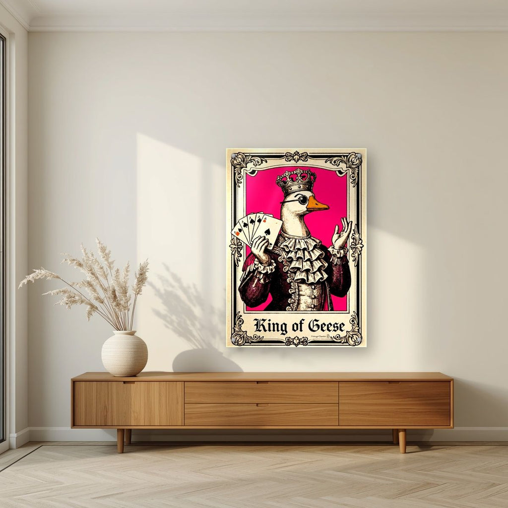 King of Geese – Jester Pink art print, as an acrylic print, styled in a living room