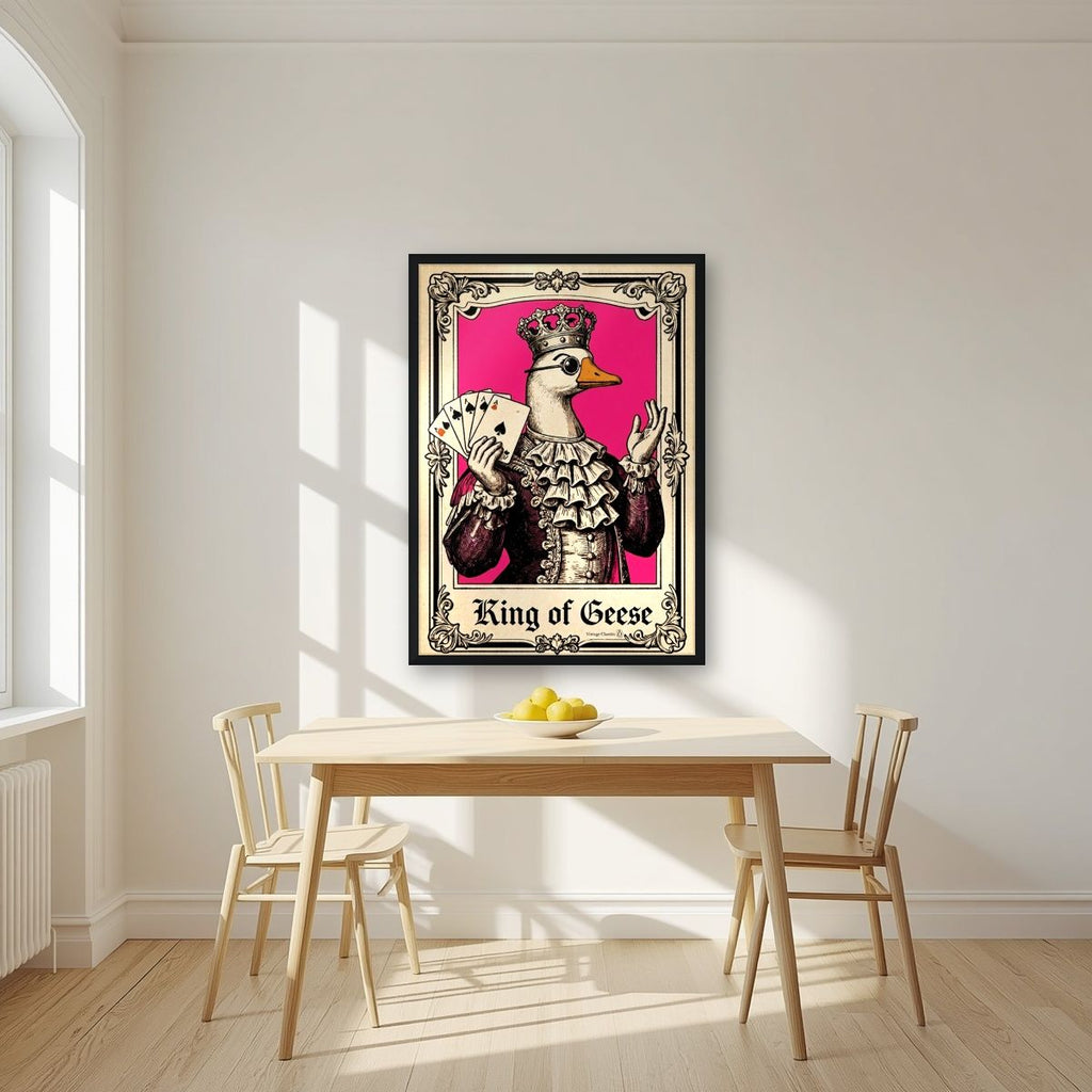 King of Geese – Jester Pink art print, in a black frame, styled in a kitchen