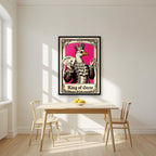King of Geese – Jester Pink art print, in a black frame, styled in a kitchen