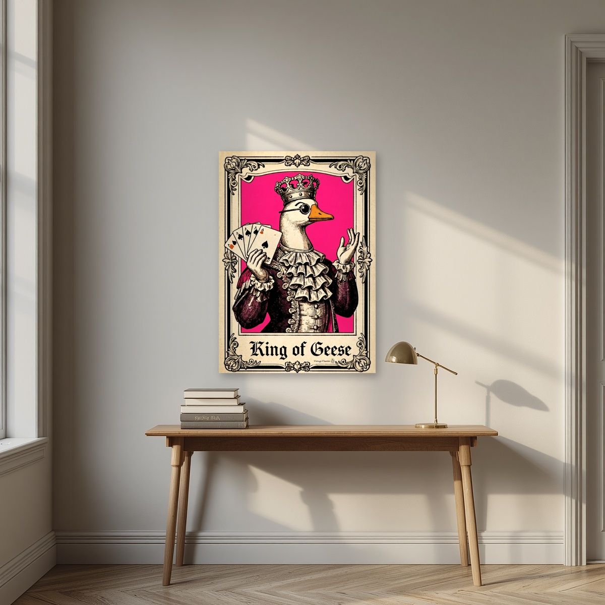 King of Geese – Jester Pink art print, unframed poster, styled in a desk