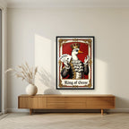 King of Geese – Regal Crimson art print, in a black frame, styled in a living room