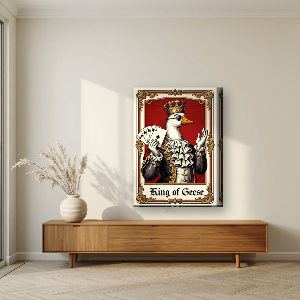 King of Geese – Regal Crimson art print, on thick canvas, styled in a living room