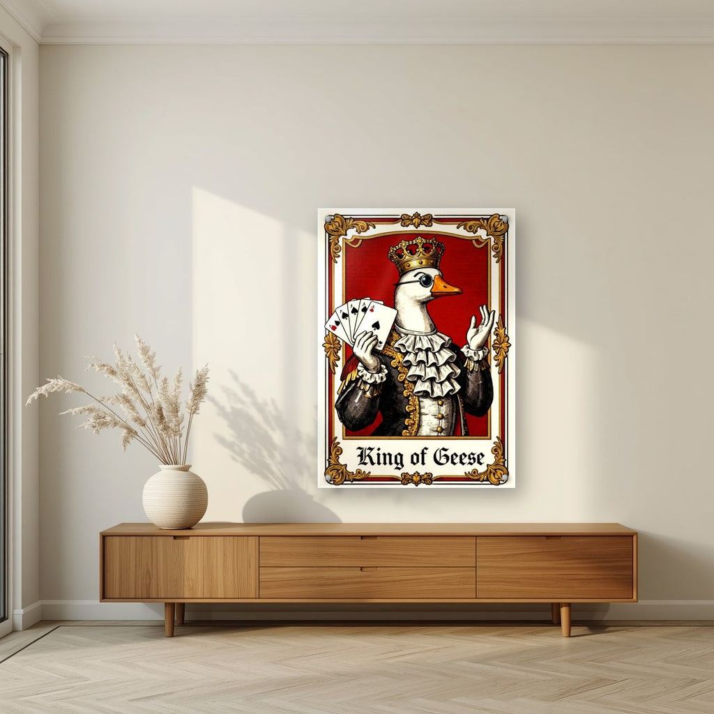 King of Geese – Regal Crimson art print, as an acrylic print, styled in a living room
