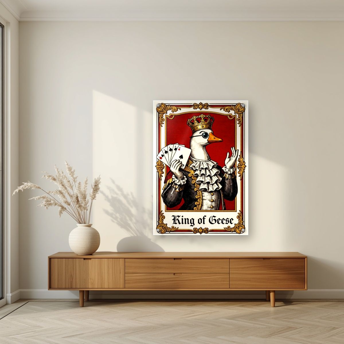 King of Geese – Regal Crimson art print, as an acrylic print, styled in a living room