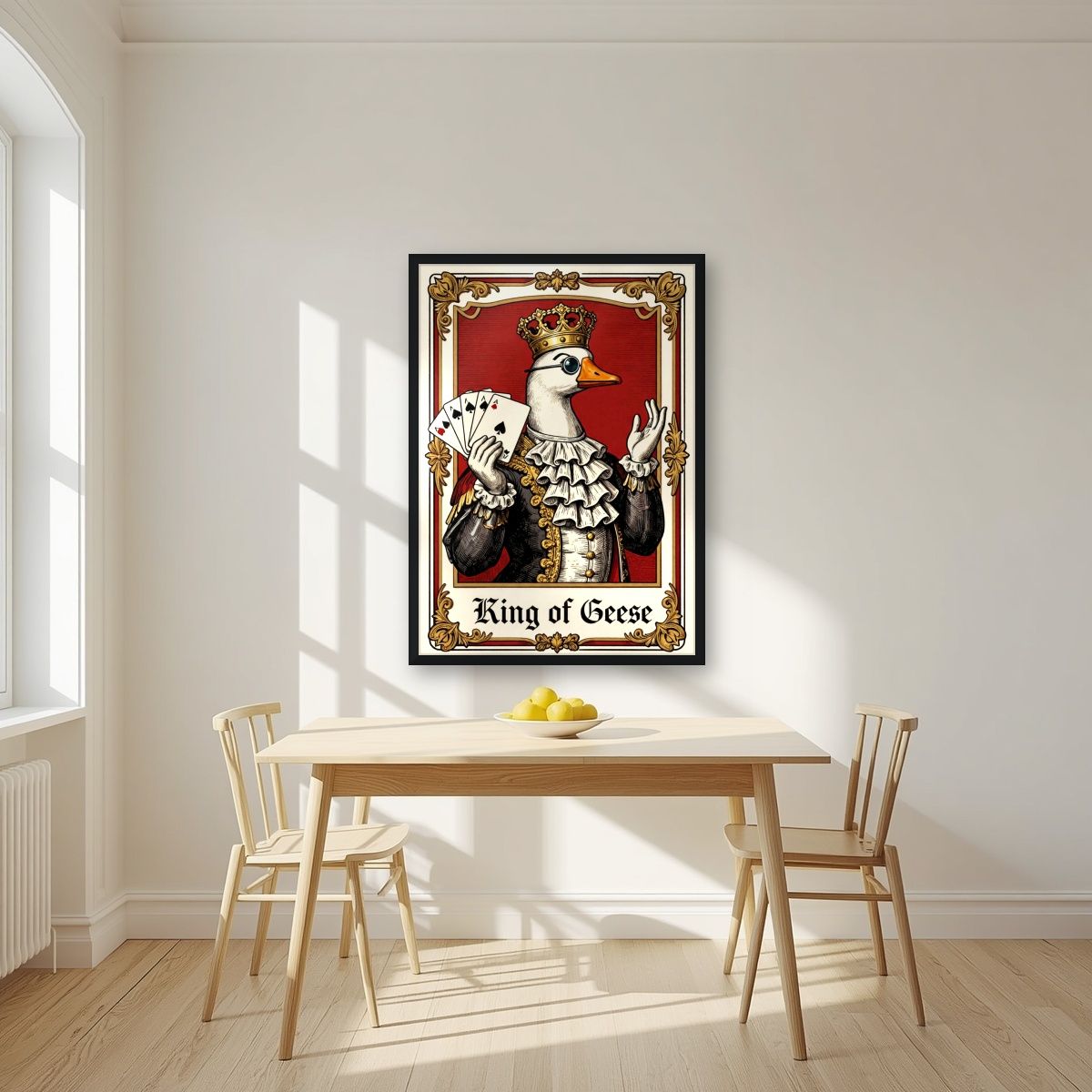 King of Geese – Regal Crimson art print, in a black frame, styled in a kitchen