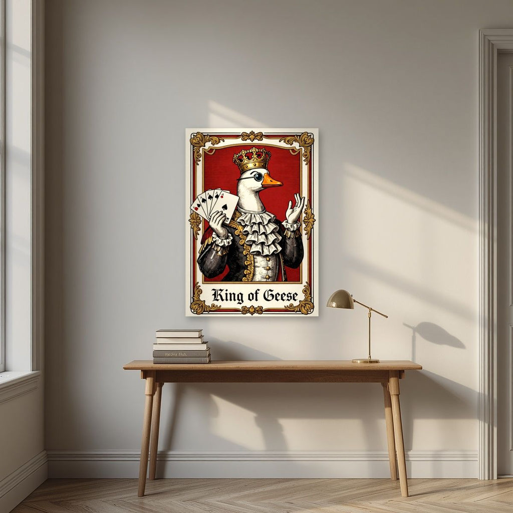 King of Geese – Regal Crimson art print, unframed poster, styled in a desk