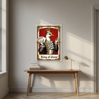 King of Geese – Regal Crimson art print, unframed poster, styled in a desk
