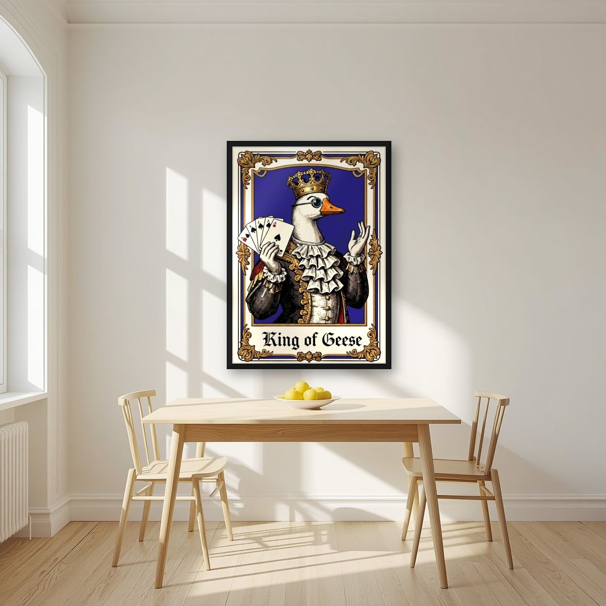 King of Geese – Royal Sapphire art print, in a black frame, styled in a kitchen
