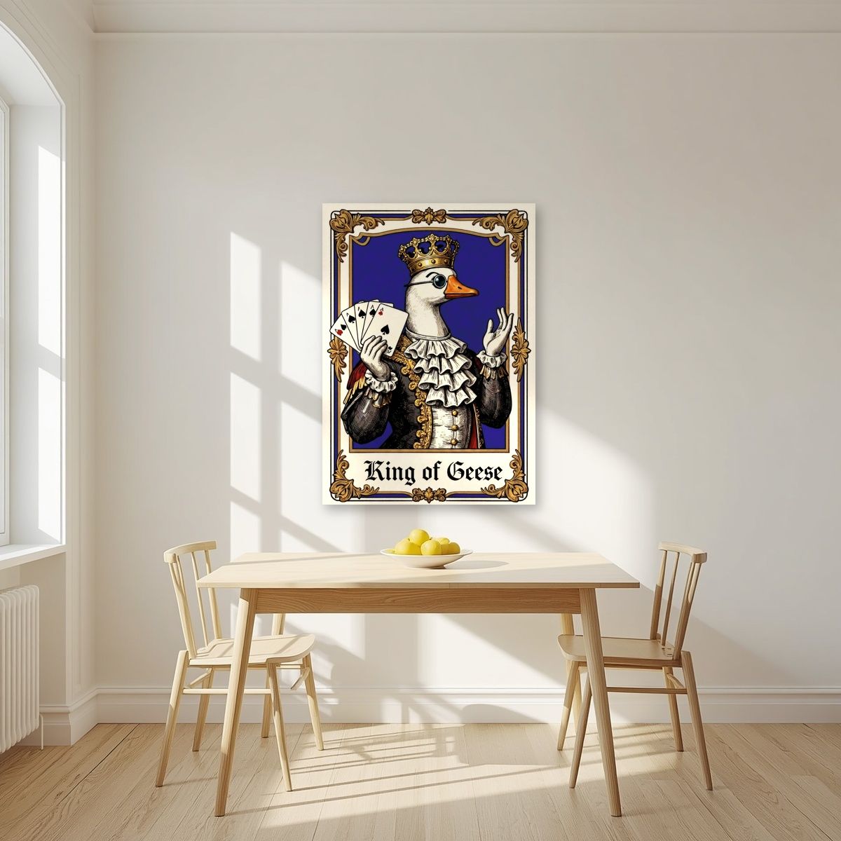 King of Geese – Royal Sapphire art print, unframed poster, styled in a kitchen