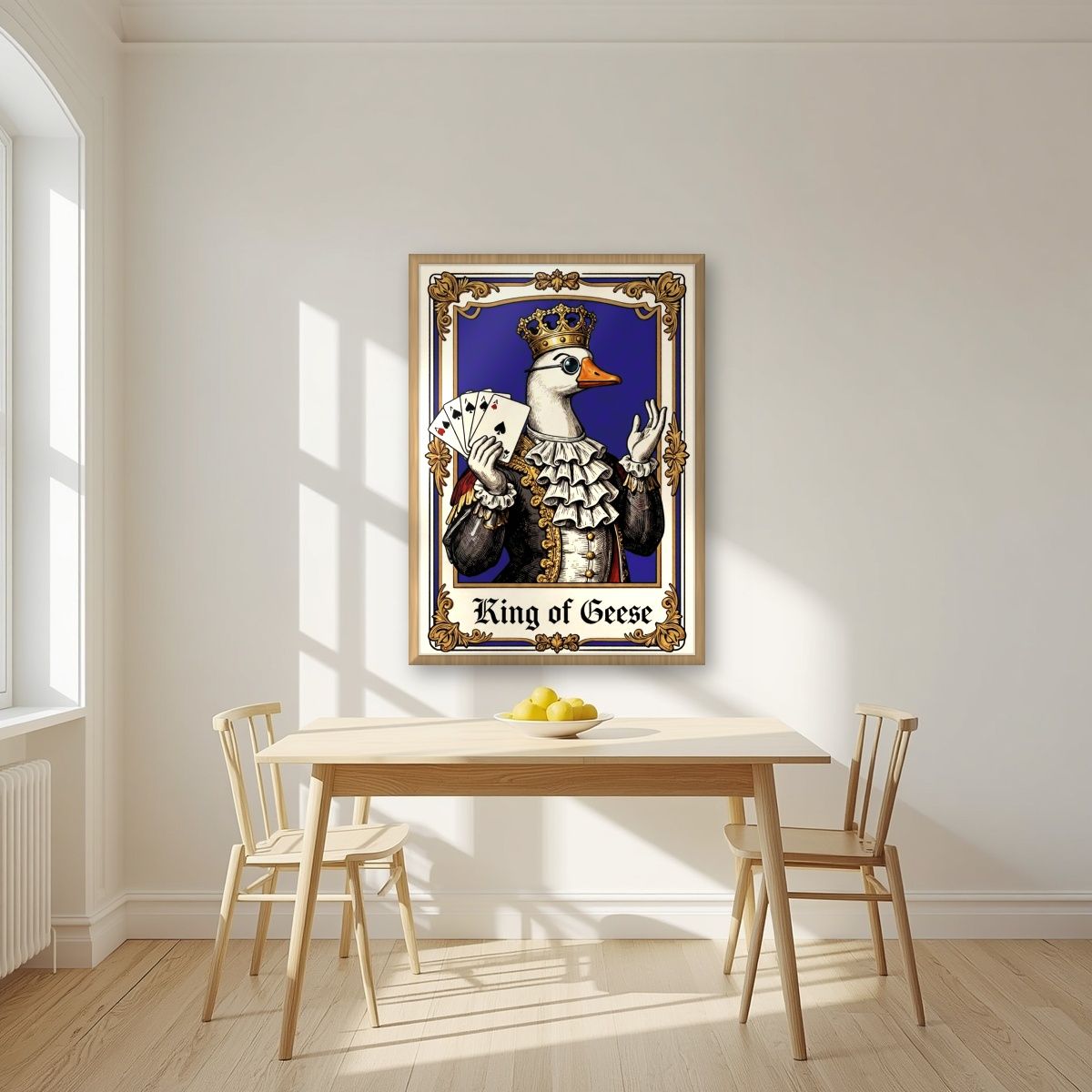 King of Geese – Royal Sapphire art print, in an oak frame, styled in a kitchen