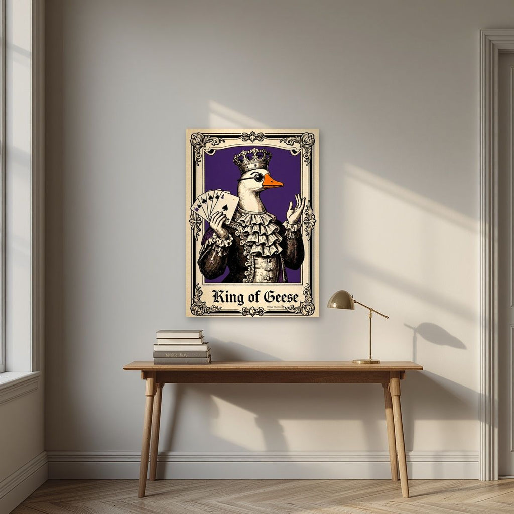King of Geese – Sovereign Purple art print, unframed poster, styled in a desk