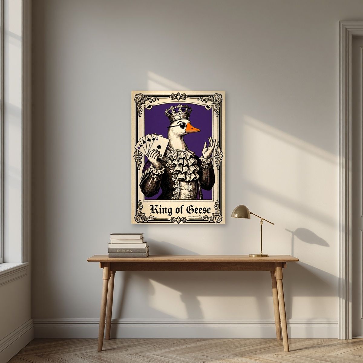 King of Geese – Sovereign Purple art print, unframed poster, styled in a desk