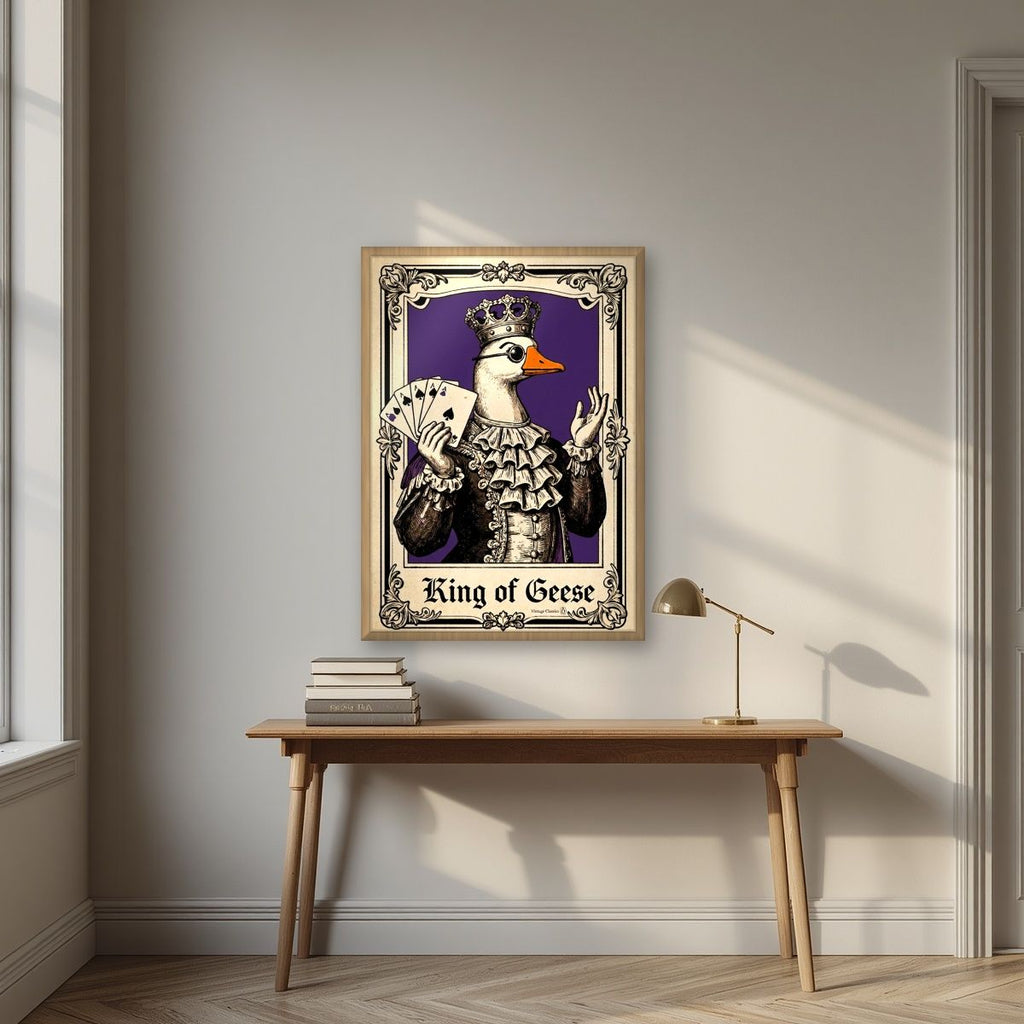King of Geese – Sovereign Purple art print, in an oak frame, styled in a desk