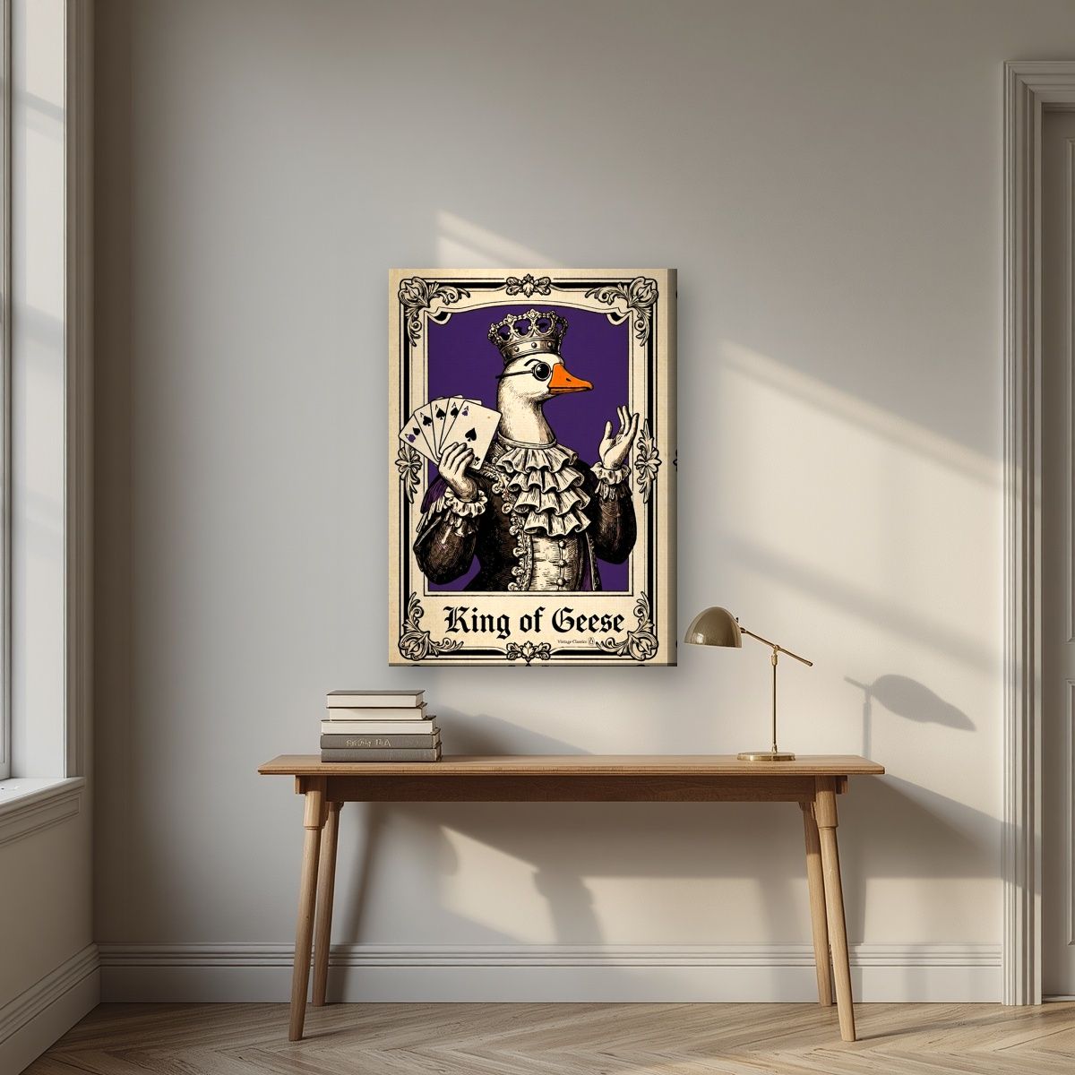 King of Geese – Sovereign Purple art print, on slim canvas, styled in a desk