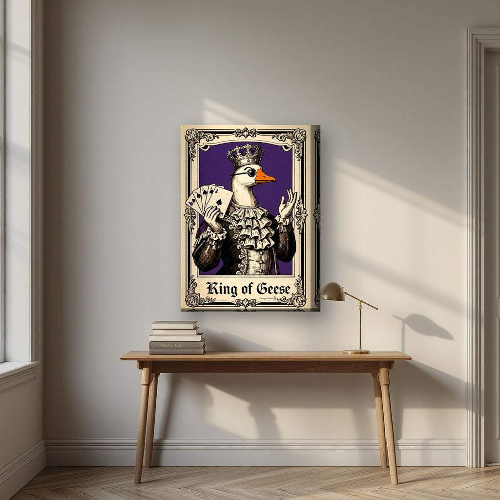 King of Geese – Sovereign Purple art print, on thick canvas, styled in a desk
