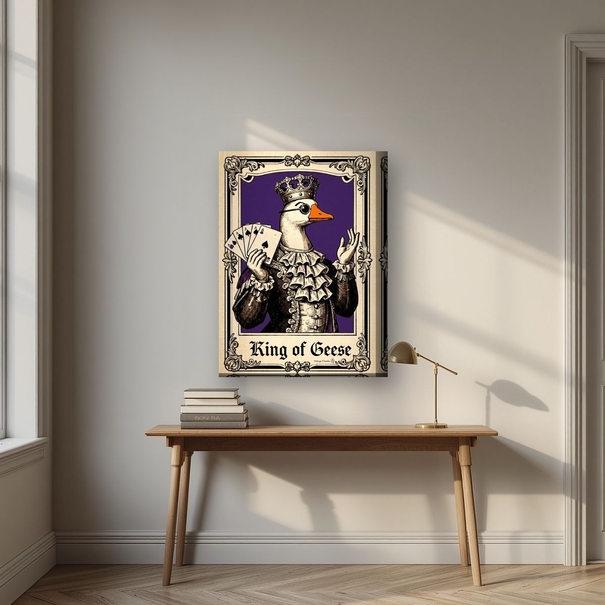 King of Geese – Sovereign Purple art print, on thick canvas, styled in a desk