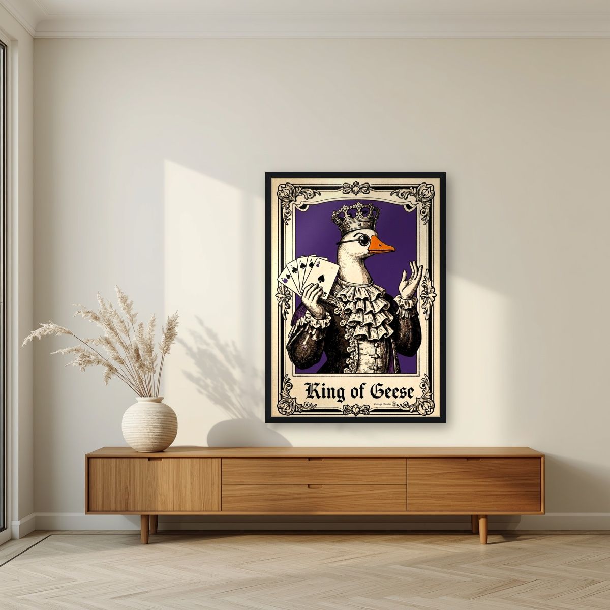 King of Geese – Sovereign Purple art print, in a black frame, styled in a living room