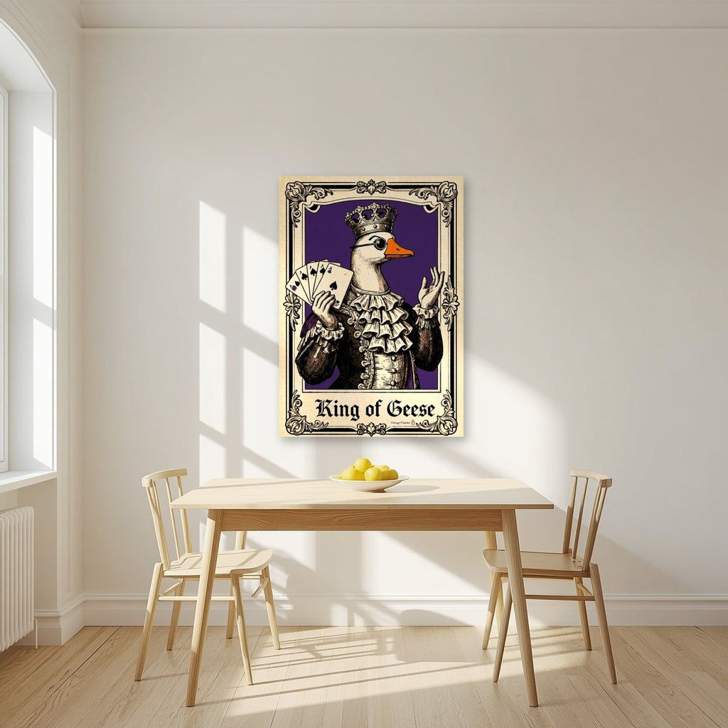 King of Geese – Sovereign Purple art print, unframed poster, styled in a kitchen