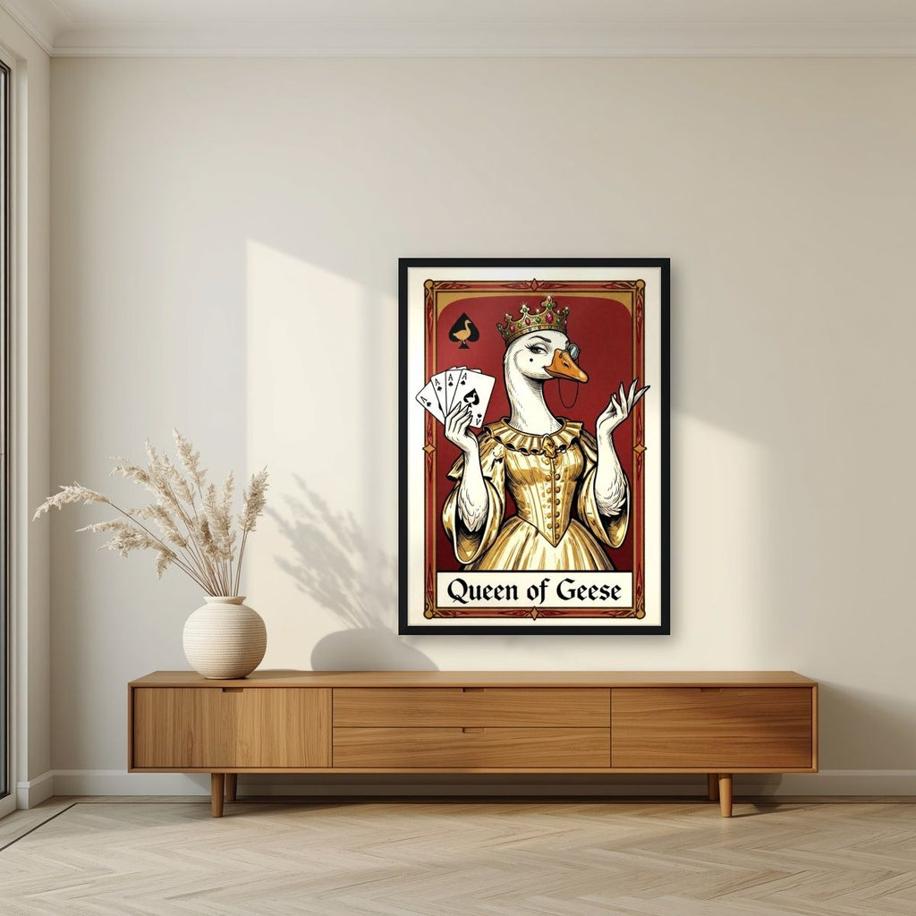 Queen of Geese – Claret Court art print, in a black frame, styled in a living room