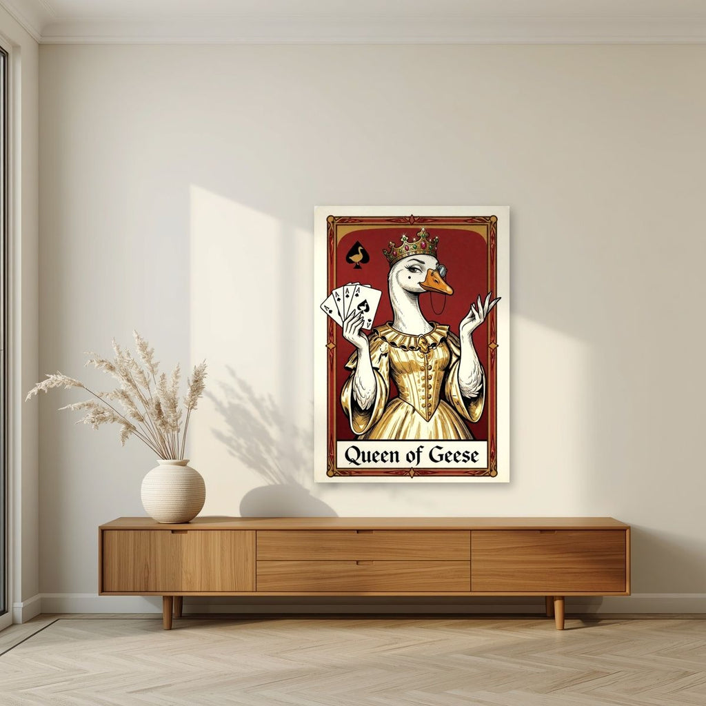 Queen of Geese – Claret Court art print, unframed poster, styled in a living room