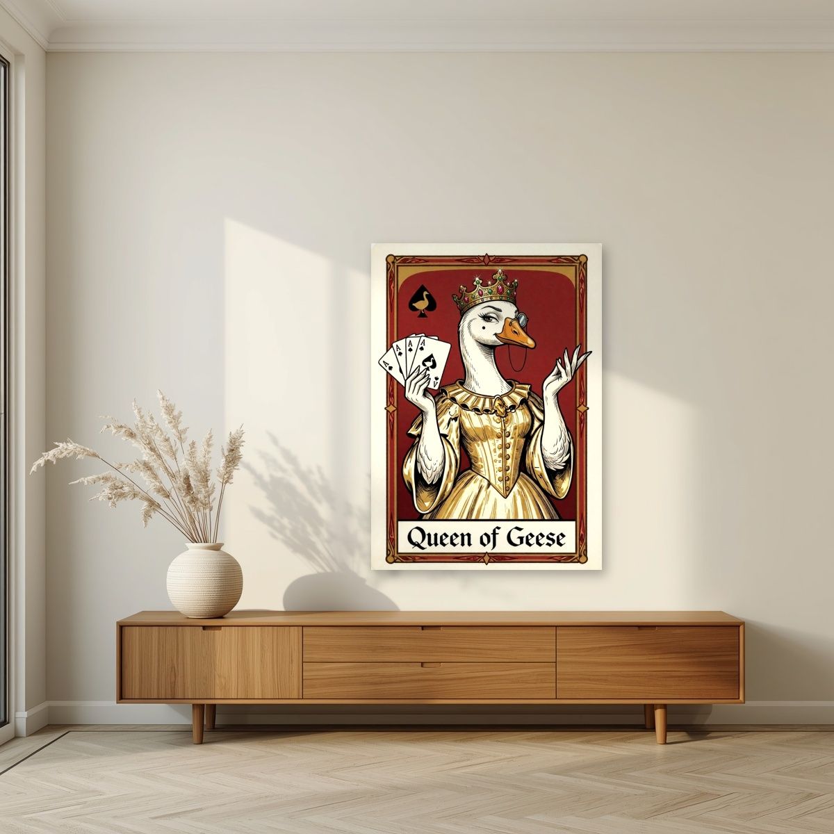 Queen of Geese – Claret Court art print, unframed poster, styled in a living room