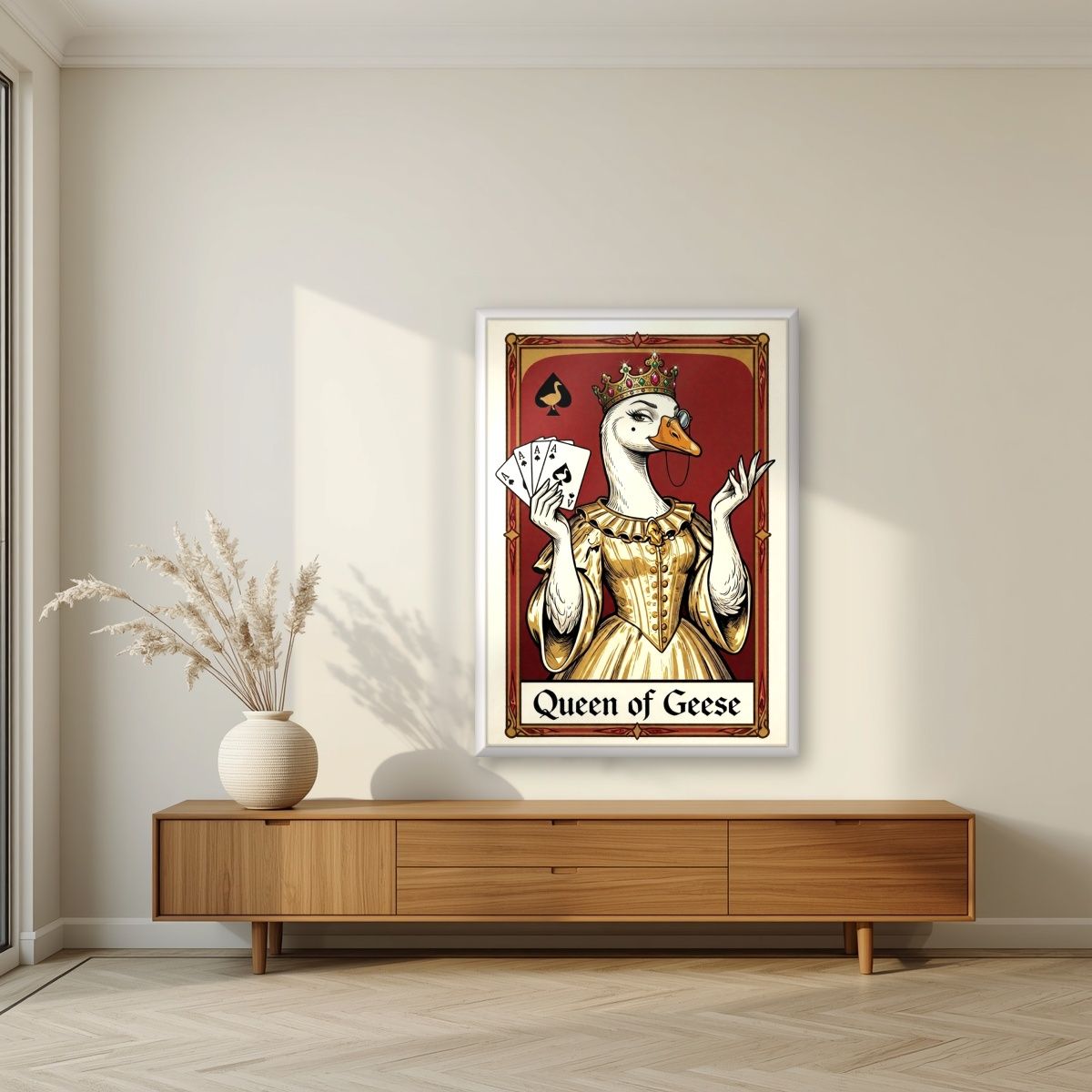 Queen of Geese – Claret Court art print, in a white frame, styled in a living room