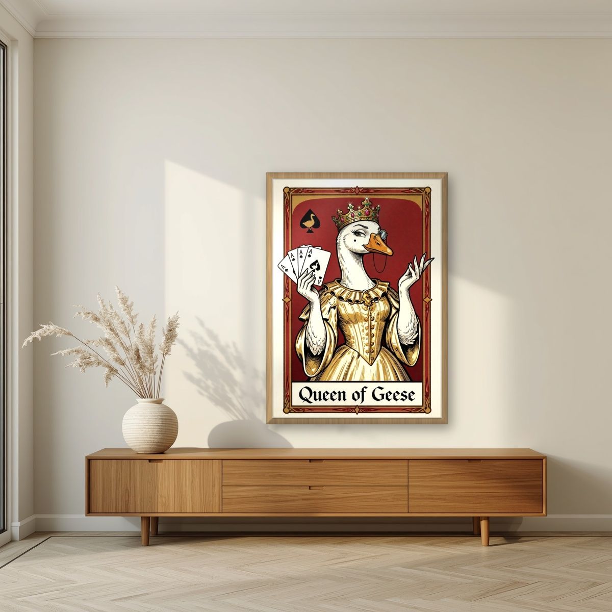 Queen of Geese – Claret Court art print, in an oak frame, styled in a living room