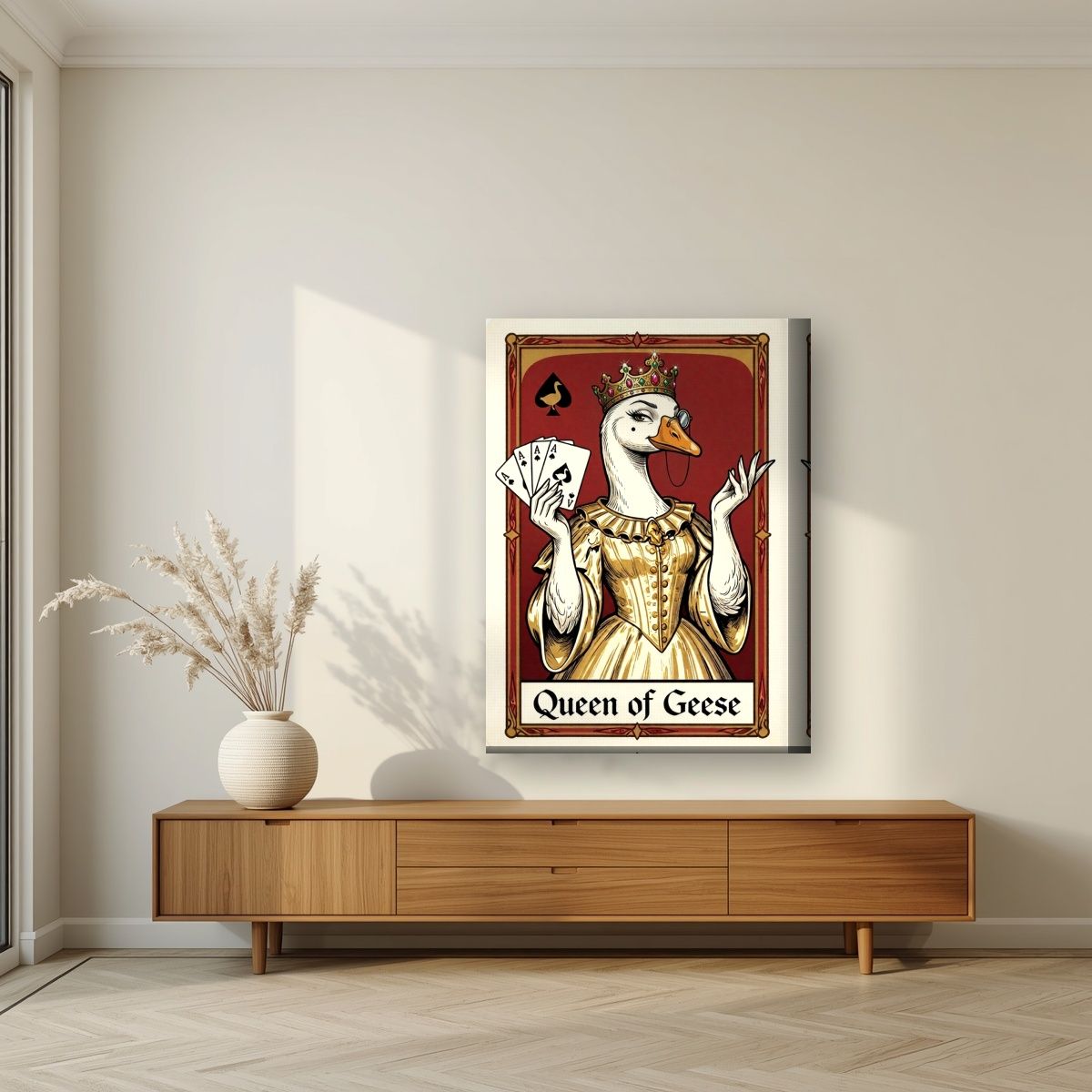 Queen of Geese – Claret Court art print, on thick canvas, styled in a living room