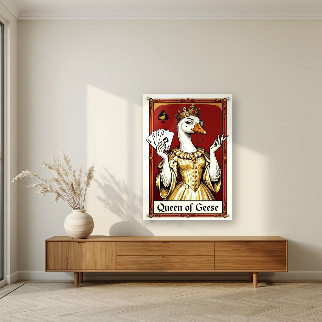 Queen of Geese – Claret Court art print, as an acrylic print, styled in a living room