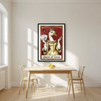 Queen of Geese – Claret Court art print, in a black frame, styled in a kitchen