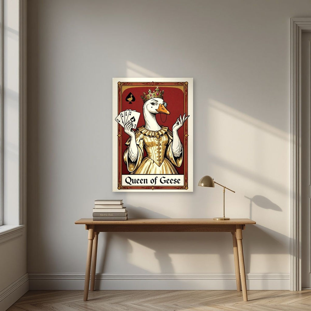 Queen of Geese – Claret Court art print, unframed poster, styled in a desk