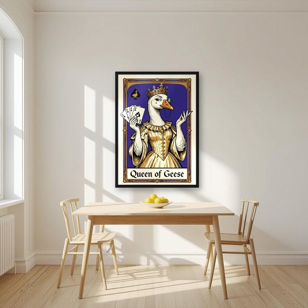Queen of Geese – Cobalt Coronet art print, in a black frame, styled in a kitchen