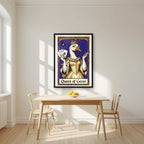Queen of Geese – Cobalt Coronet art print, in a black frame, styled in a kitchen