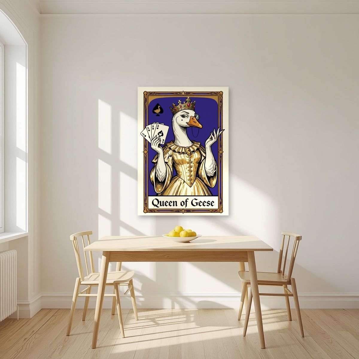 Queen of Geese – Cobalt Coronet art print, unframed poster, styled in a kitchen