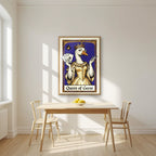 Queen of Geese – Cobalt Coronet art print, in an oak frame, styled in a kitchen