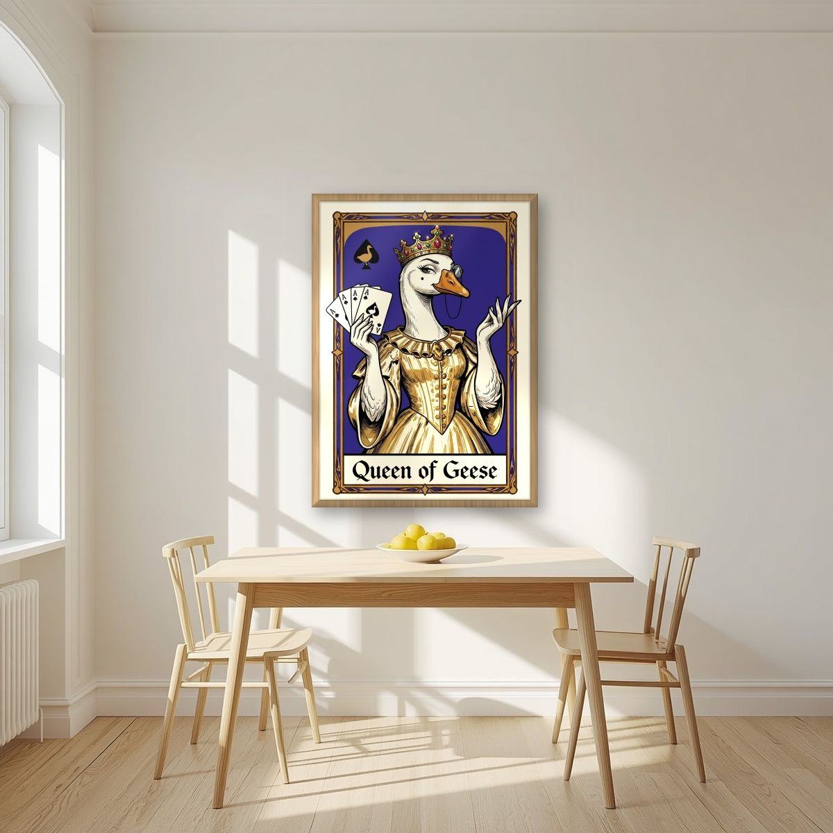 Queen of Geese – Cobalt Coronet art print, in an oak frame, styled in a kitchen
