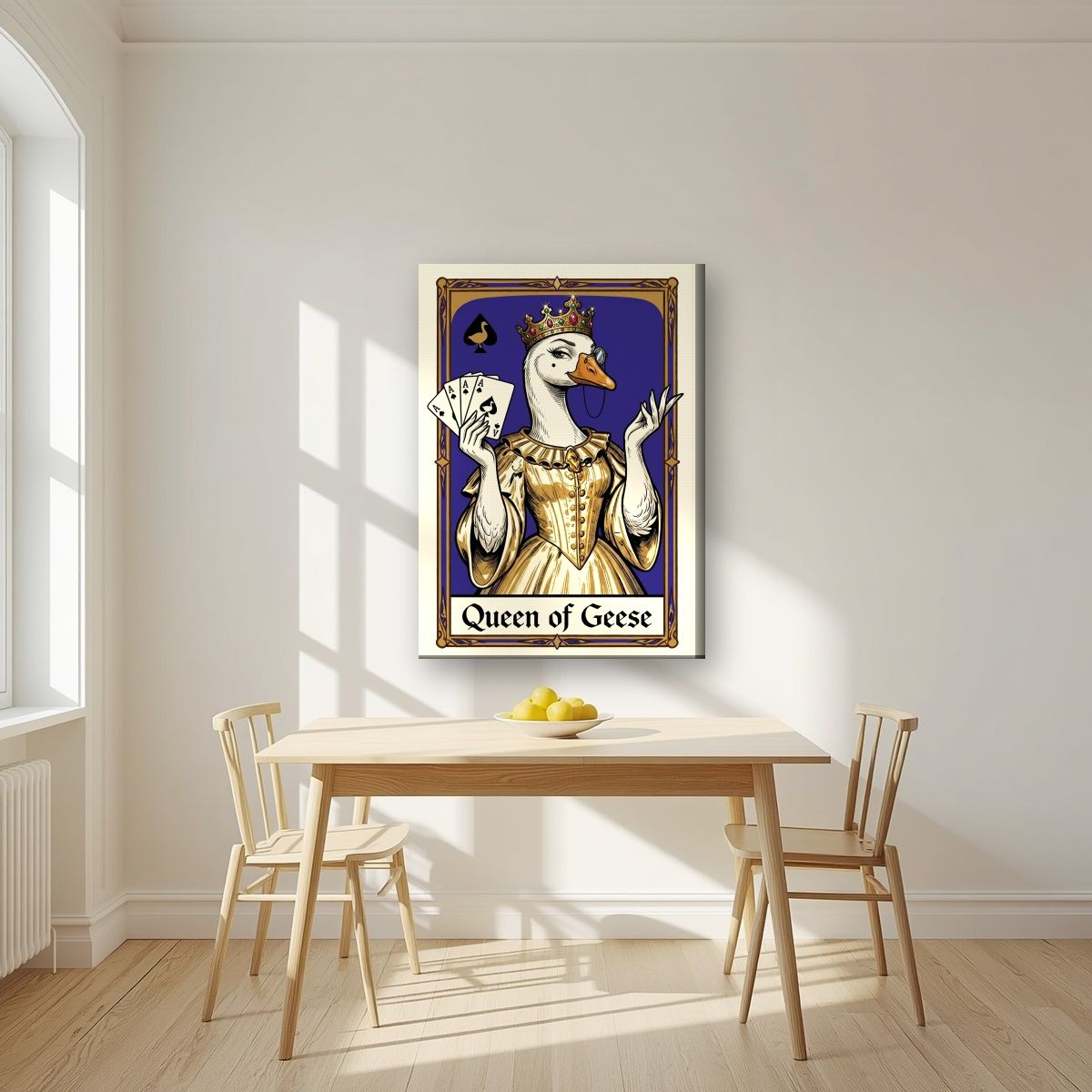 Queen of Geese – Cobalt Coronet art print, on slim canvas, styled in a kitchen
