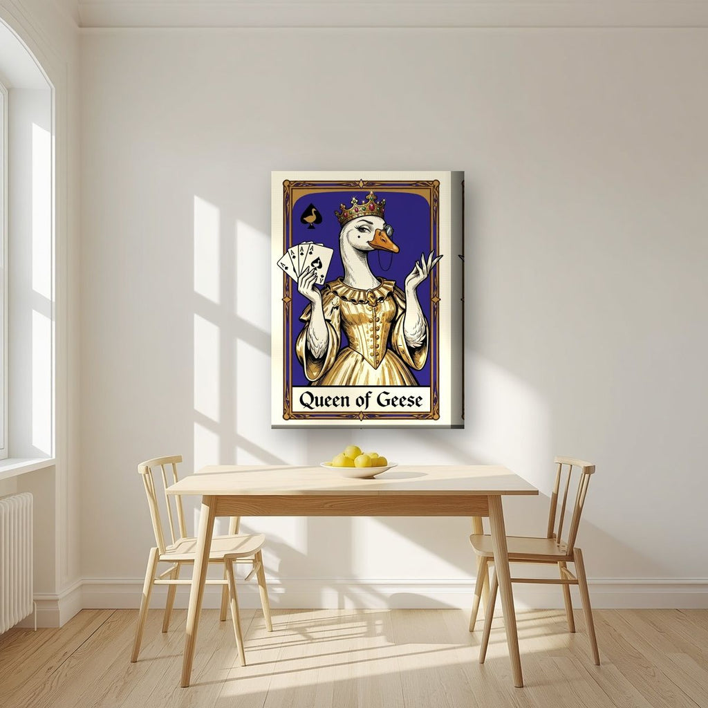 Queen of Geese – Cobalt Coronet art print, on thick canvas, styled in a kitchen