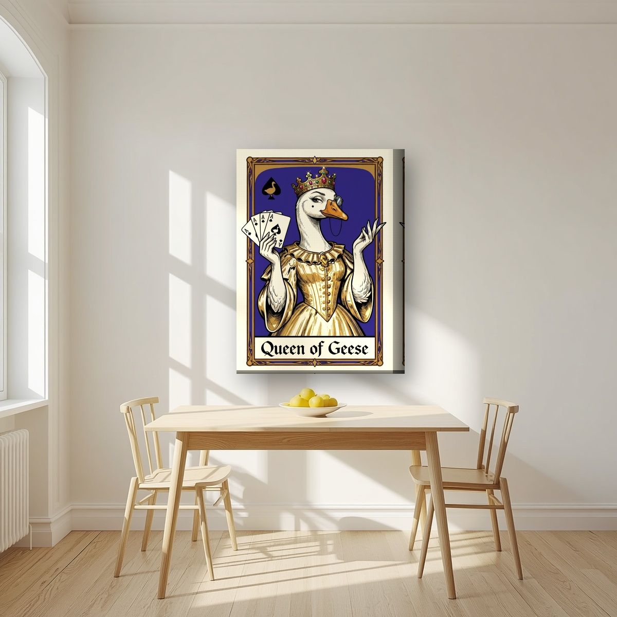 Queen of Geese – Cobalt Coronet art print, on thick canvas, styled in a kitchen