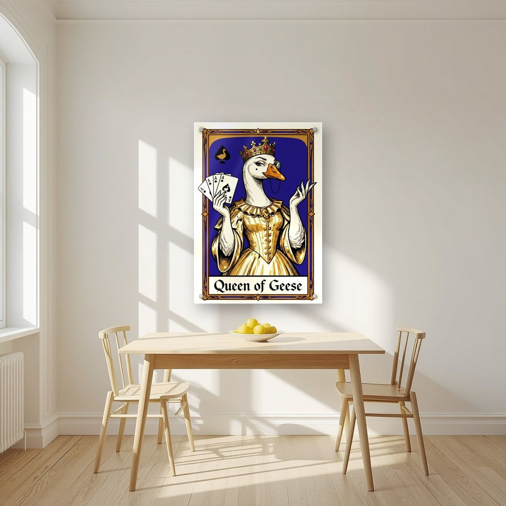 Queen of Geese – Cobalt Coronet art print, as an acrylic print, styled in a kitchen